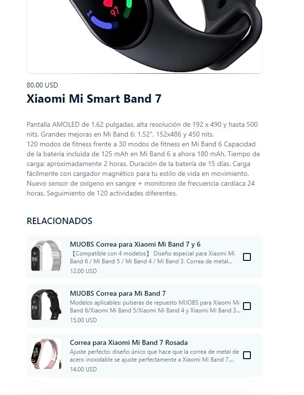 Ejemplo de producto relacionado, mi band y correas